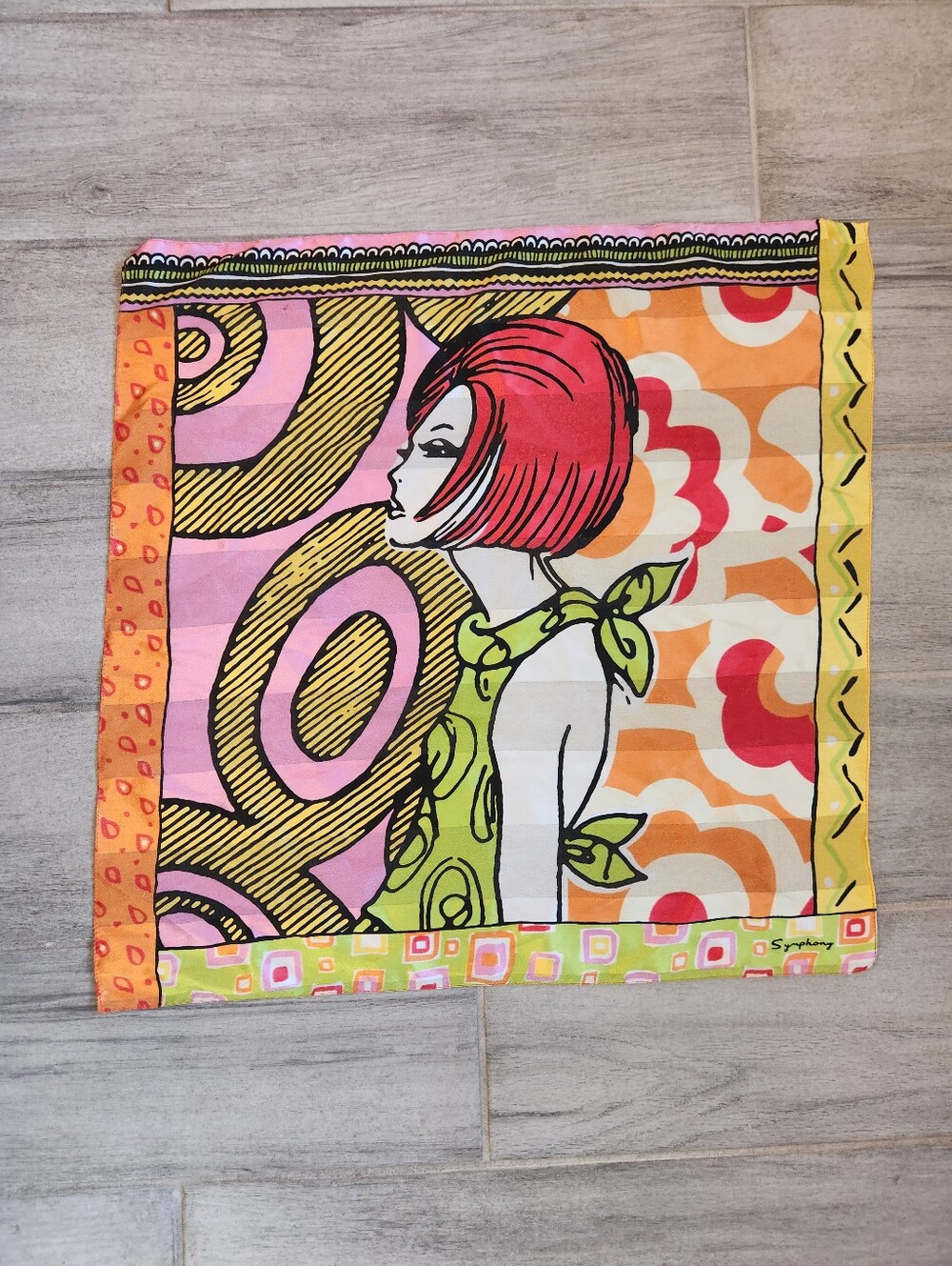 Vtg Synphony Carre Scarf Abstract Green Pink 70s Pop Art Redhead Girl Square
